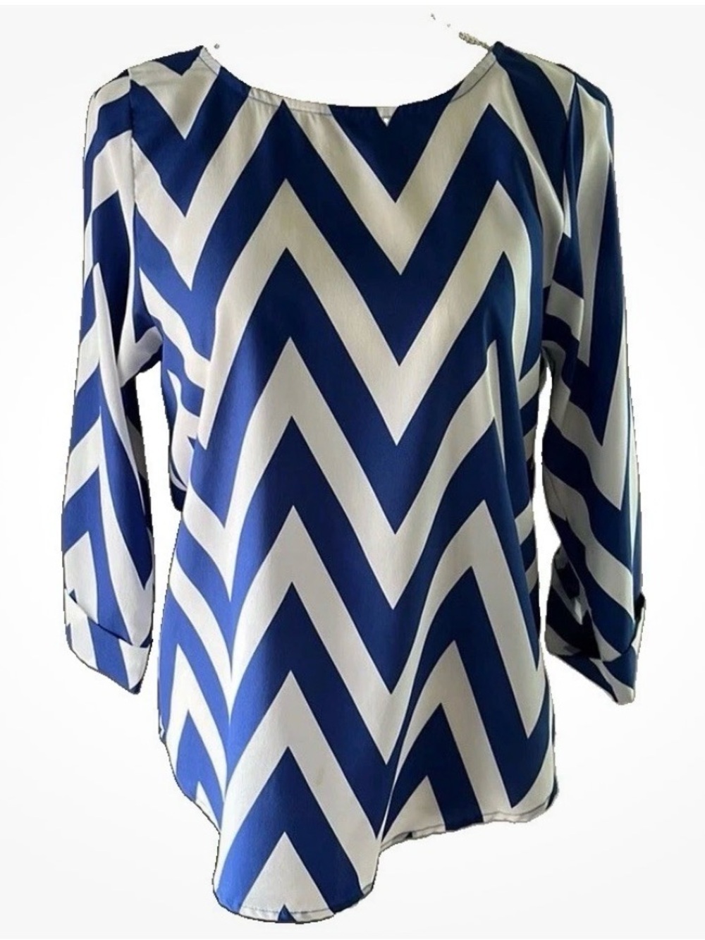 Women’s Dina Be 3/4 Sleeve Blue White Chevron Striped Blouse Size M